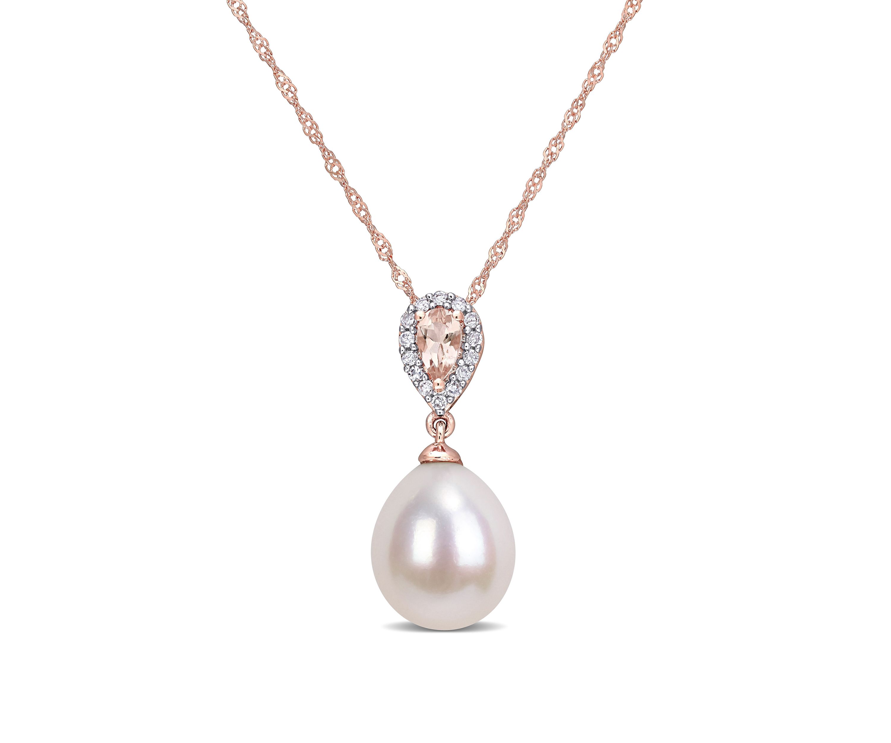 9 to 9.5 Millimeter Cultured Freshwater Pearl, 1/4 ct. t.w. Morganite and 1/10 ct. t.w. Diamond Accent Drop Pendant with Chain in 10k Rose Gold