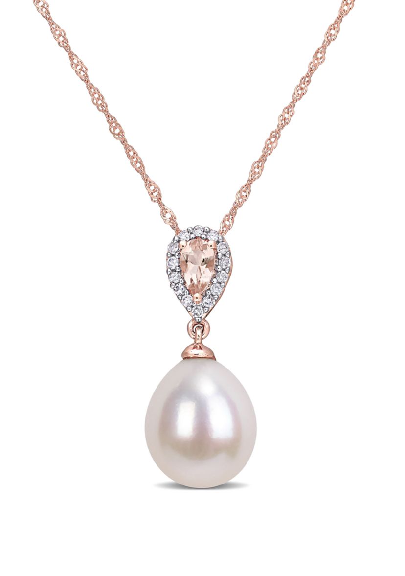 9 to 9.5 Millimeter Cultured Freshwater Pearl, 1/4 ct. t.w. Morganite and 1/10 ct. t.w. Diamond Accent Drop Pendant with Chain in 10k Rose Gold