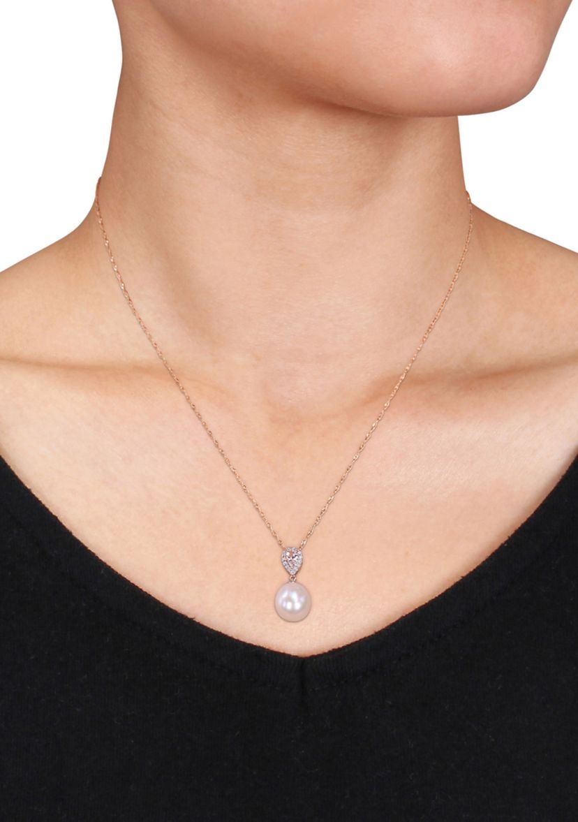9 to 9.5 Millimeter Cultured Freshwater Pearl, 1/4 ct. t.w. Morganite and 1/10 ct. t.w. Diamond Accent Drop Pendant with Chain in 10k Rose Gold