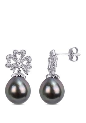 Belk & Co 9 to 9.5 Millimeter Cultured Tahitian Pearl and 1/6 ct. t.w. Diamond Flower Bow Earrings in 10k White Gold -  0686692214248