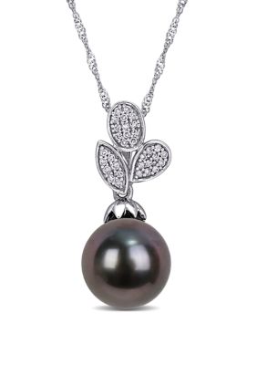 Belk & Co 9 To 9.5 Millimeter Cultured Tahitian Pearl And 1/10 Ct. T.w. Diamond Leaf Drop Pendant With Chain In 10K White Gold