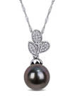9 to 9.5 Millimeter Cultured Tahitian Pearl and 1/10 ct. t.w. Diamond Leaf Drop Pendant with Chain in 10k White Gold