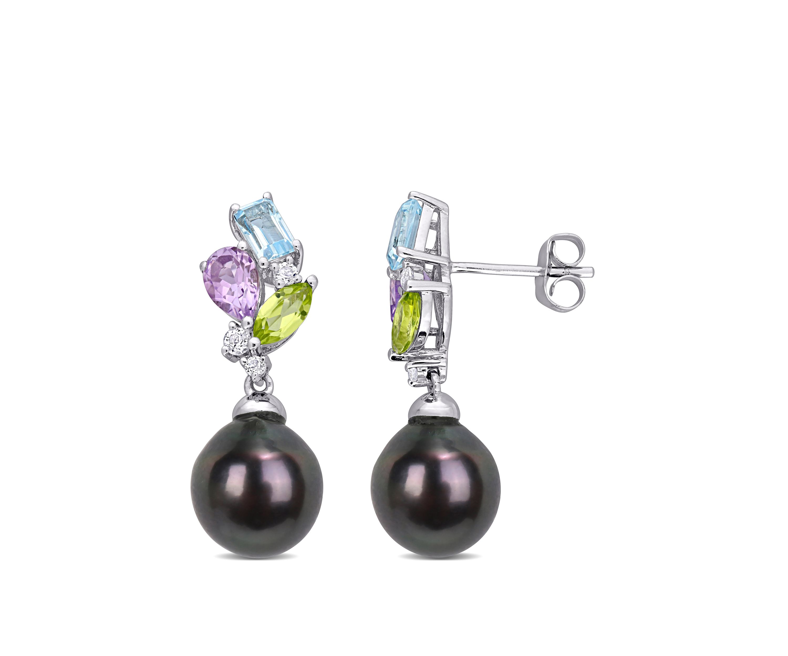 9 to 9.5 Millimeter Cultured Tahitian Pearl and 2.2 ct. t.w. Multi-Gemstone Drop Earrings in 10k White Gold