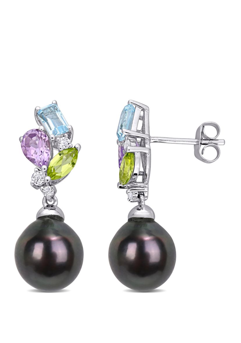 9 to 9.5 Millimeter Cultured Tahitian Pearl and 2.2 ct. t.w. Multi-Gemstone Drop Earrings in 10k White Gold