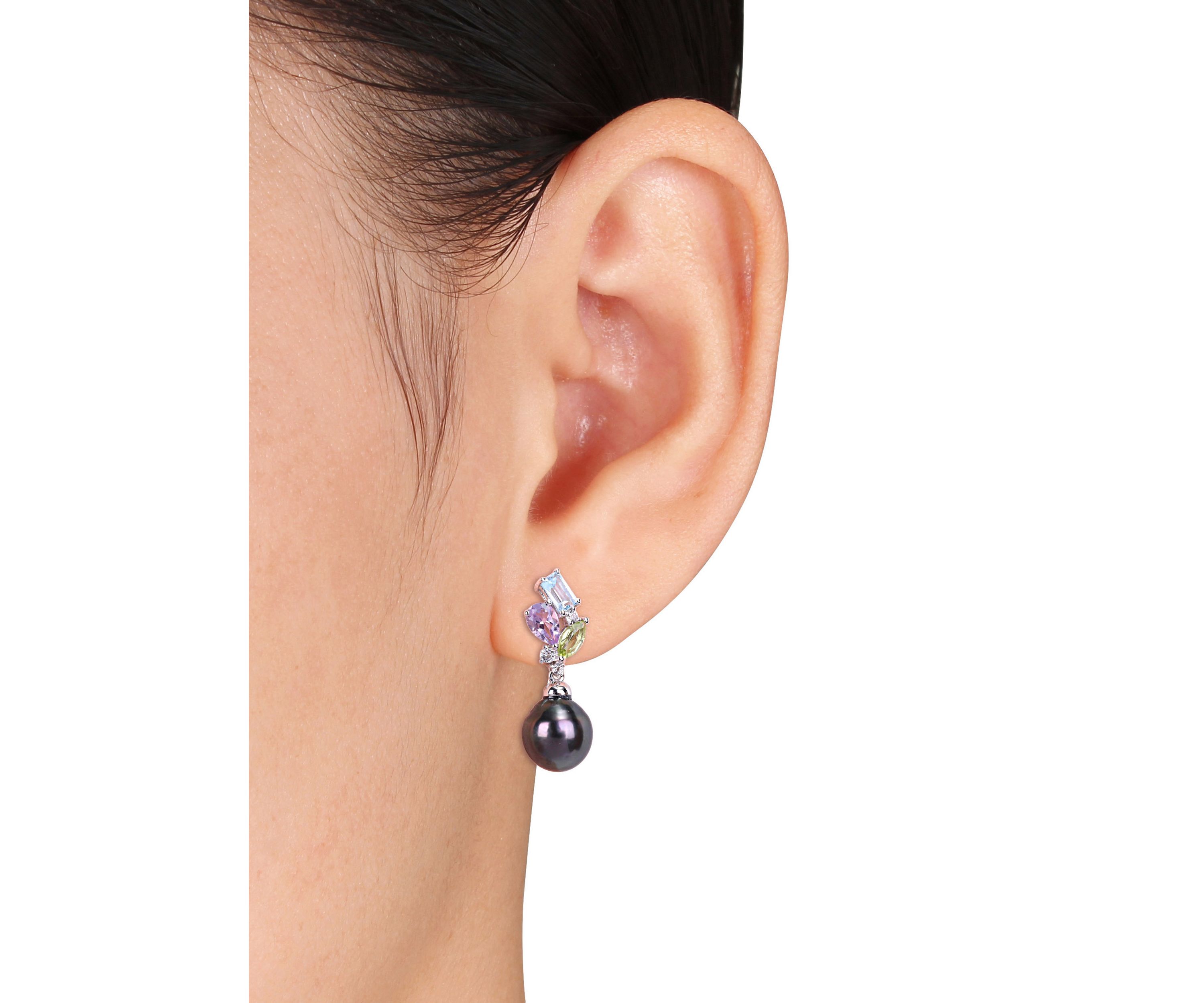 9 to 9.5 Millimeter Cultured Tahitian Pearl and 2.2 ct. t.w. Multi-Gemstone Drop Earrings in 10k White Gold