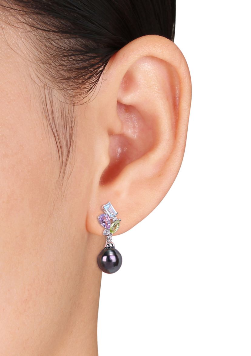 9 to 9.5 Millimeter Cultured Tahitian Pearl and 2.2 ct. t.w. Multi-Gemstone Drop Earrings in 10k White Gold