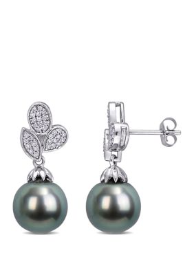Belk & Co 9 to 9.5 Millimeter Cultured Tahitian Pearl and 1/5 ct. t.w. Diamond Floral Drop Earrings in 10k White Gold