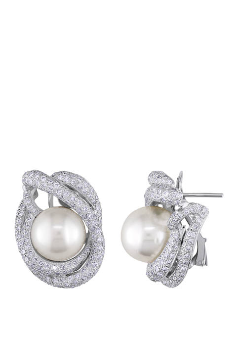 11.5-12 Millimeter Cultured South Sea Pearl and 4.33 ct. t.w. Diamond Swirl Stud Earrings in 18K White Gold