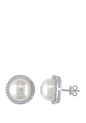 Belk & Co 12.5-13 Millimeter Cultured Freshwater Pearl And 1/2 Ct. T.w. Diamond Halo Stud Earrings In 14K White Gold