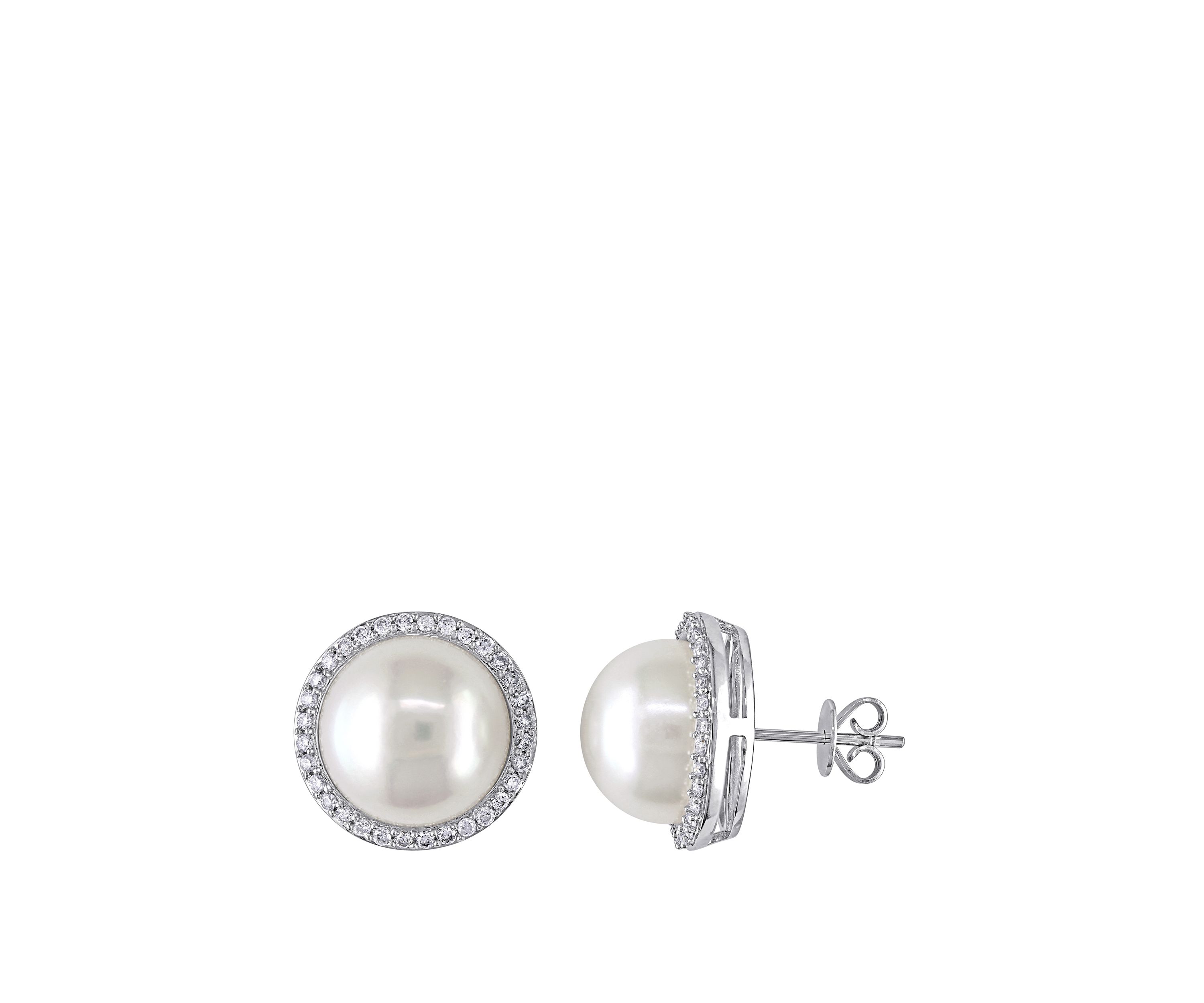 12.5-13 Millimeter Cultured Freshwater Pearl and 1/2 ct. t.w. Diamond Halo Stud Earrings in 14K White Gold