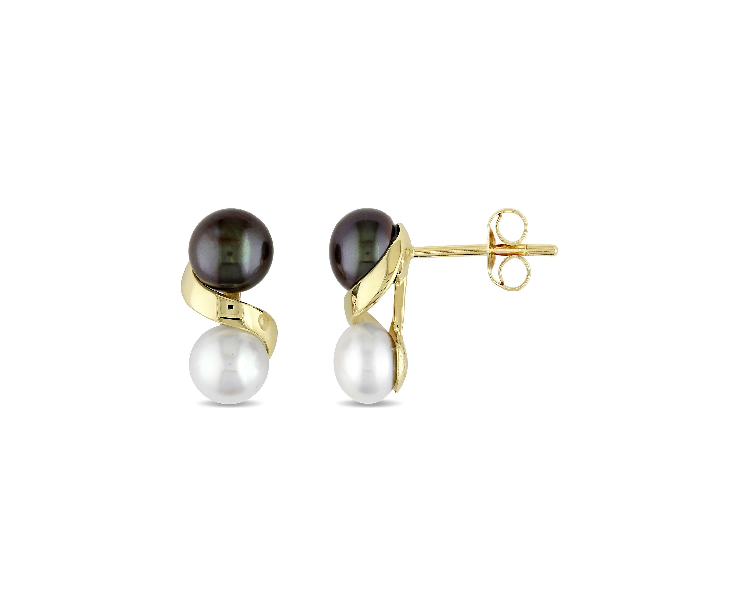 Black and White Cultured Freshwater Pearl Earrings in 10k Yellow Gold