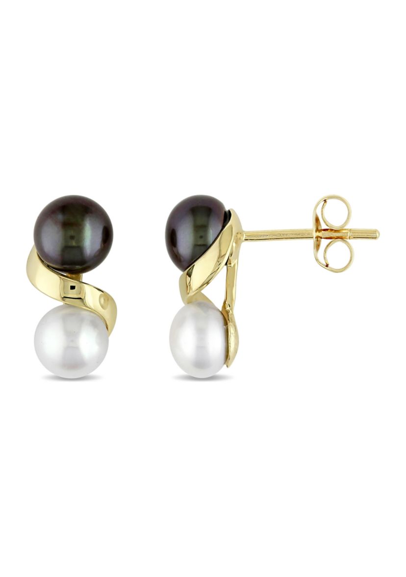 Black and White Cultured Freshwater Pearl Earrings in 10k Yellow Gold
