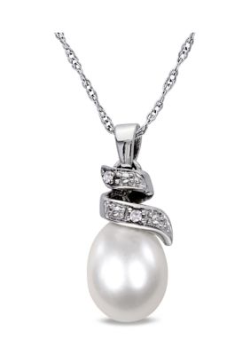 Belk & Co Cultured Freshwater Pearl and Diamond Spiral Pendant with Chain in 10K White Gold, 17 in