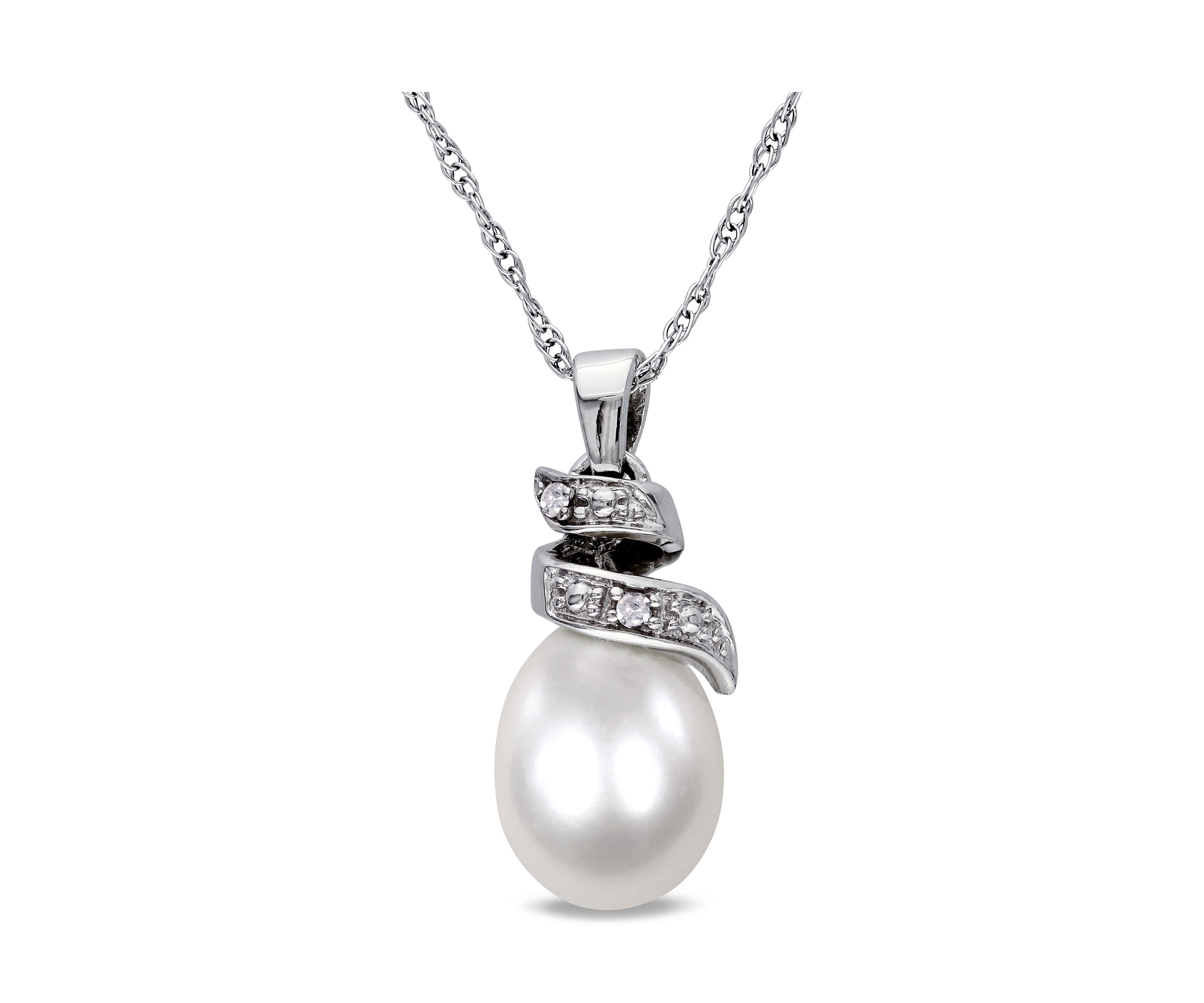 Cultured Freshwater Pearl and Diamond Spiral Pendant with Chain in 10K White Gold