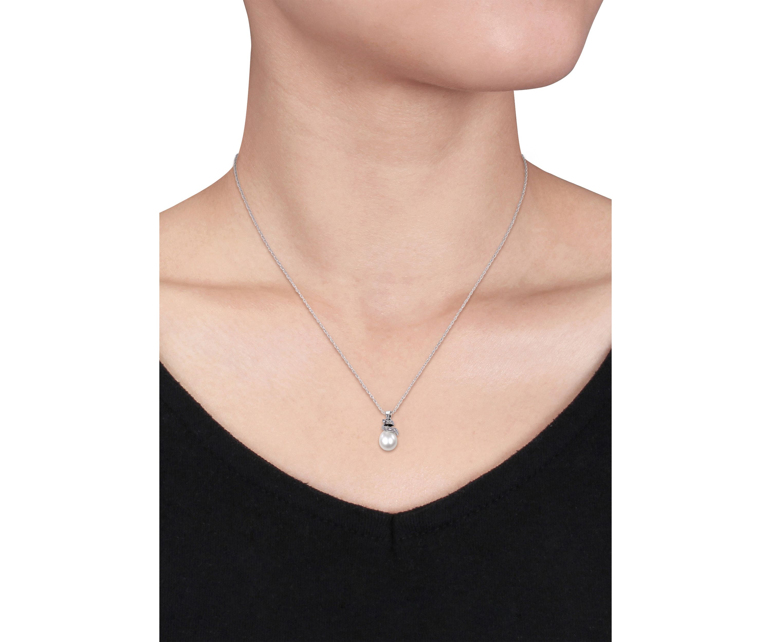 Cultured Freshwater Pearl and Diamond Spiral Pendant with Chain in 10K White Gold