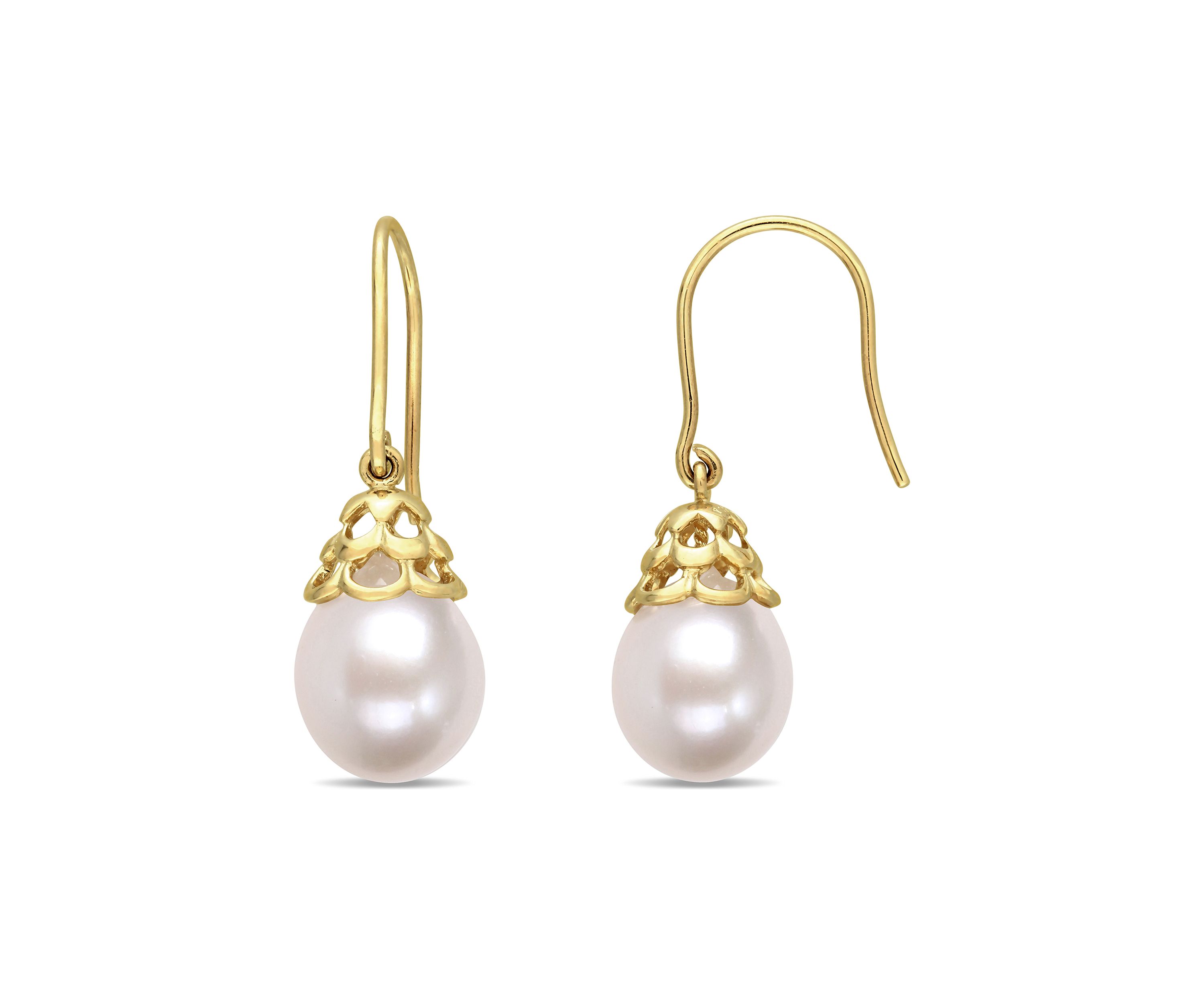 9-10 Millimeter Cultured Freshwater Pearl Filigree Drop Earrings in 14k Yellow Gold