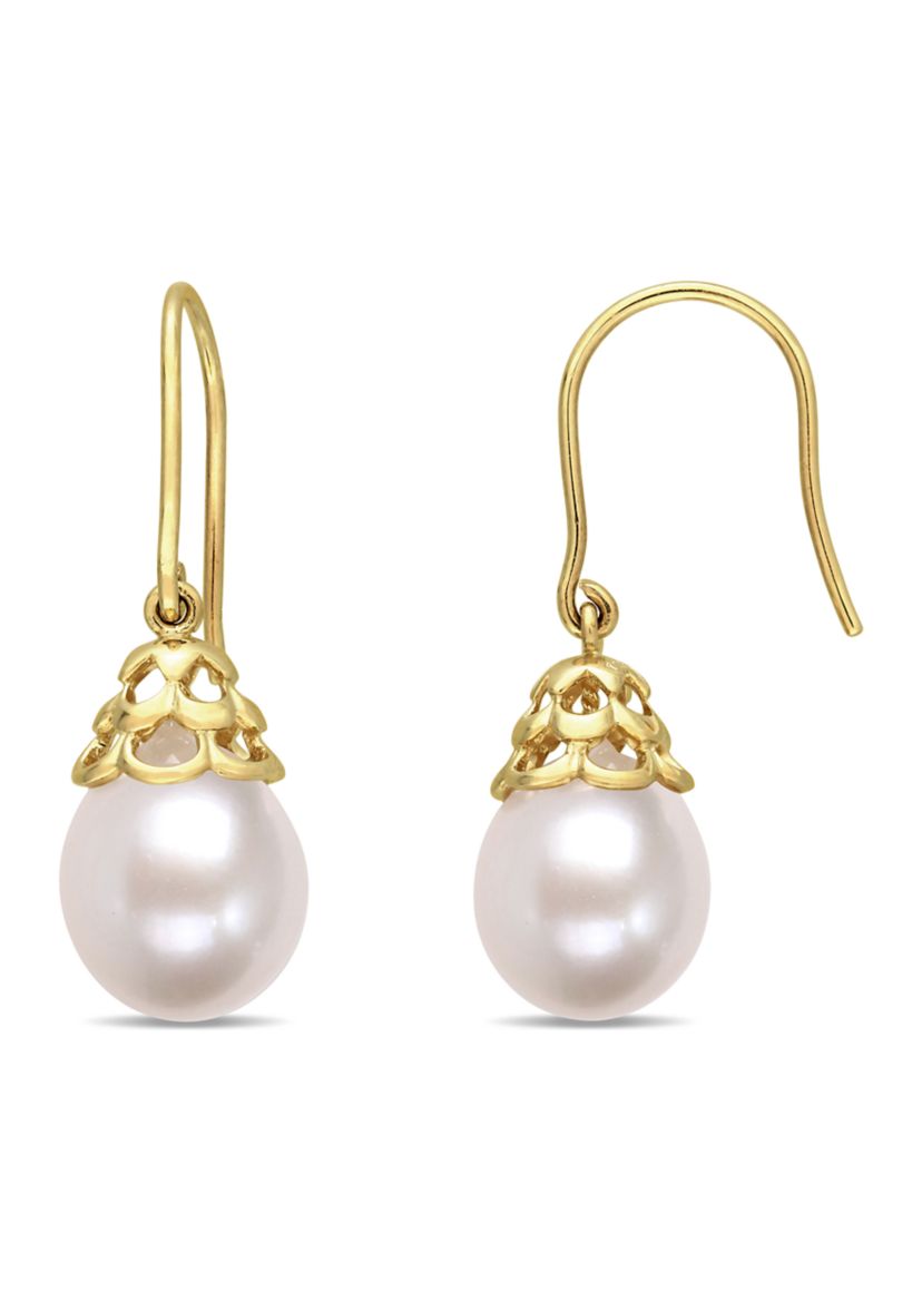 9-10 Millimeter Cultured Freshwater Pearl Filigree Drop Earrings in 14k Yellow Gold