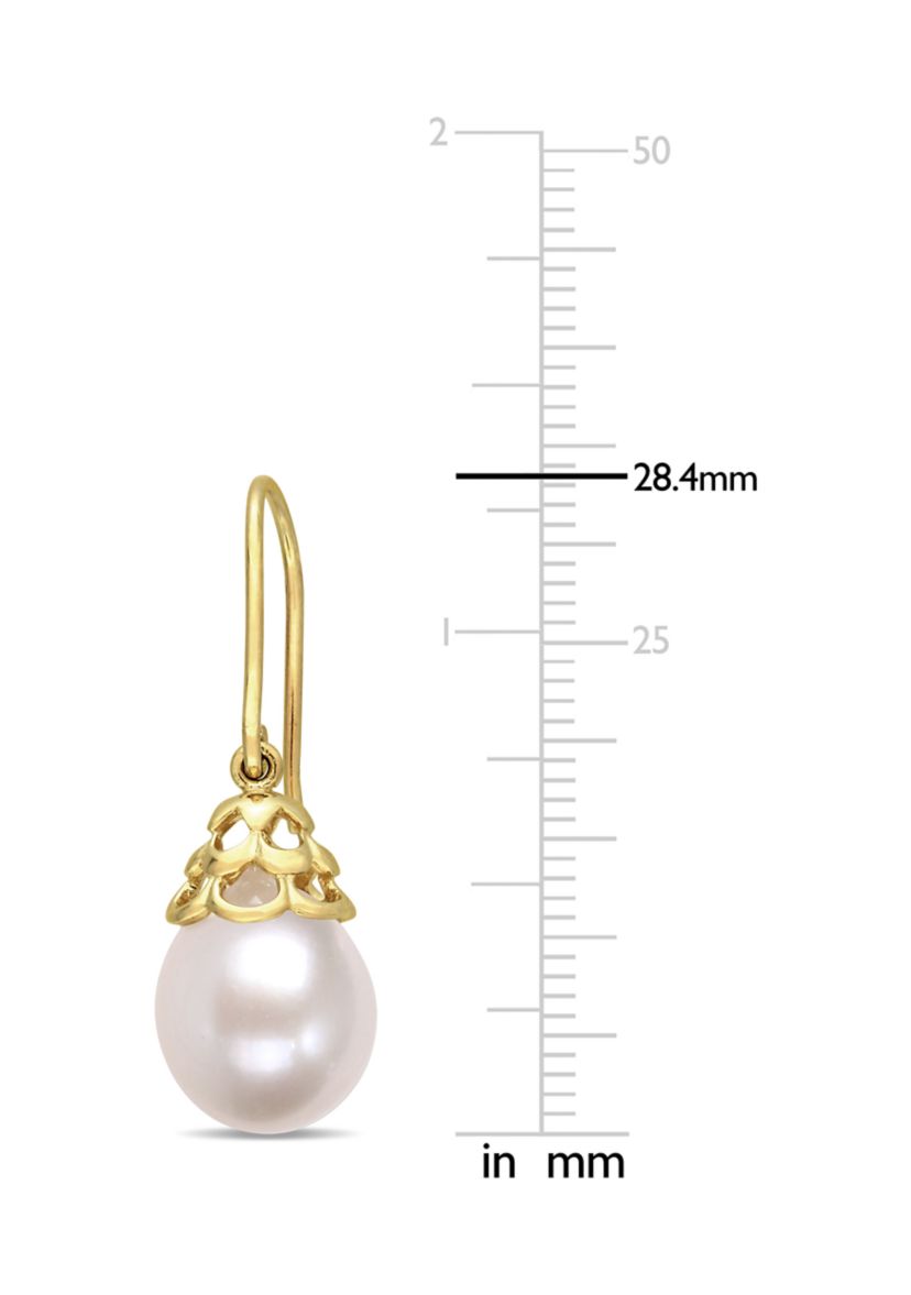 9-10 Millimeter Cultured Freshwater Pearl Filigree Drop Earrings in 14k Yellow Gold
