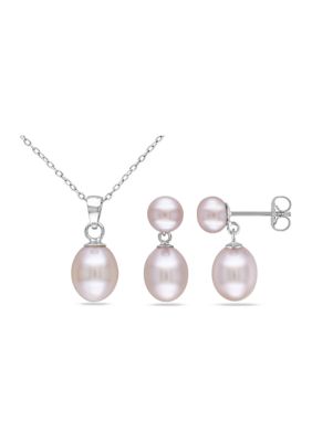 Belk & Co 2-Piece Set Pink Freshwater Cultured Pearl Necklace and Drop Earrings in Sterling Silver, White, 18 in