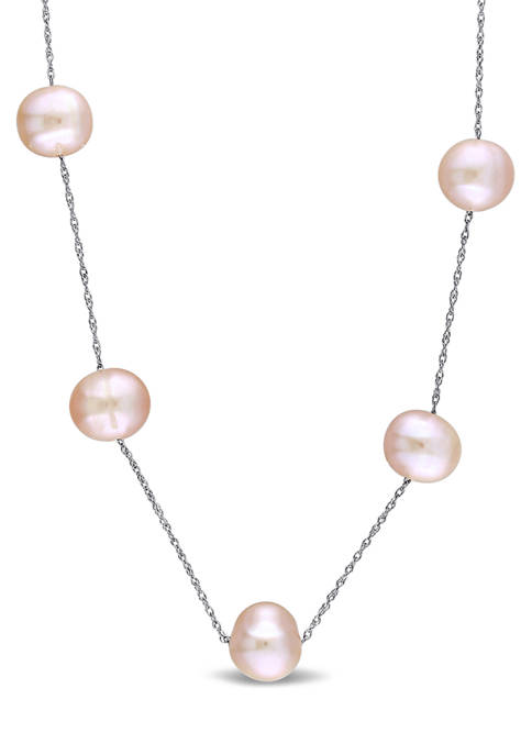 7-8 Millimeter Pink Cultured Freshwater Pearl Tin Cup Necklace in 10k White Gold