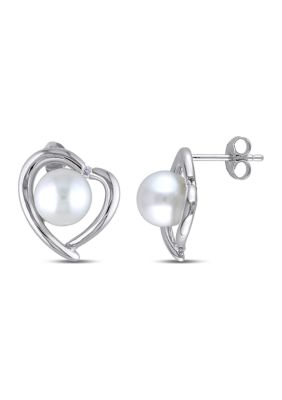 Belk & Co 8-8.5 Millimeter Cultured Freshwater Pearl and Diamond Heart Stud Earrings in Sterling Silver, White