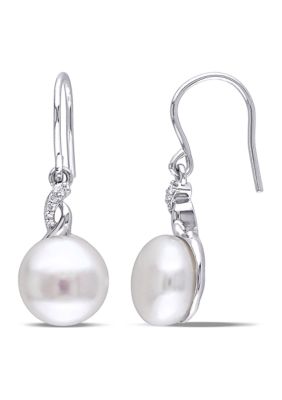 Belk & Co 10.5-11 Millimeter Cultured Freshwater Pearl Earrings with Diamonds in Sterling Silver, White