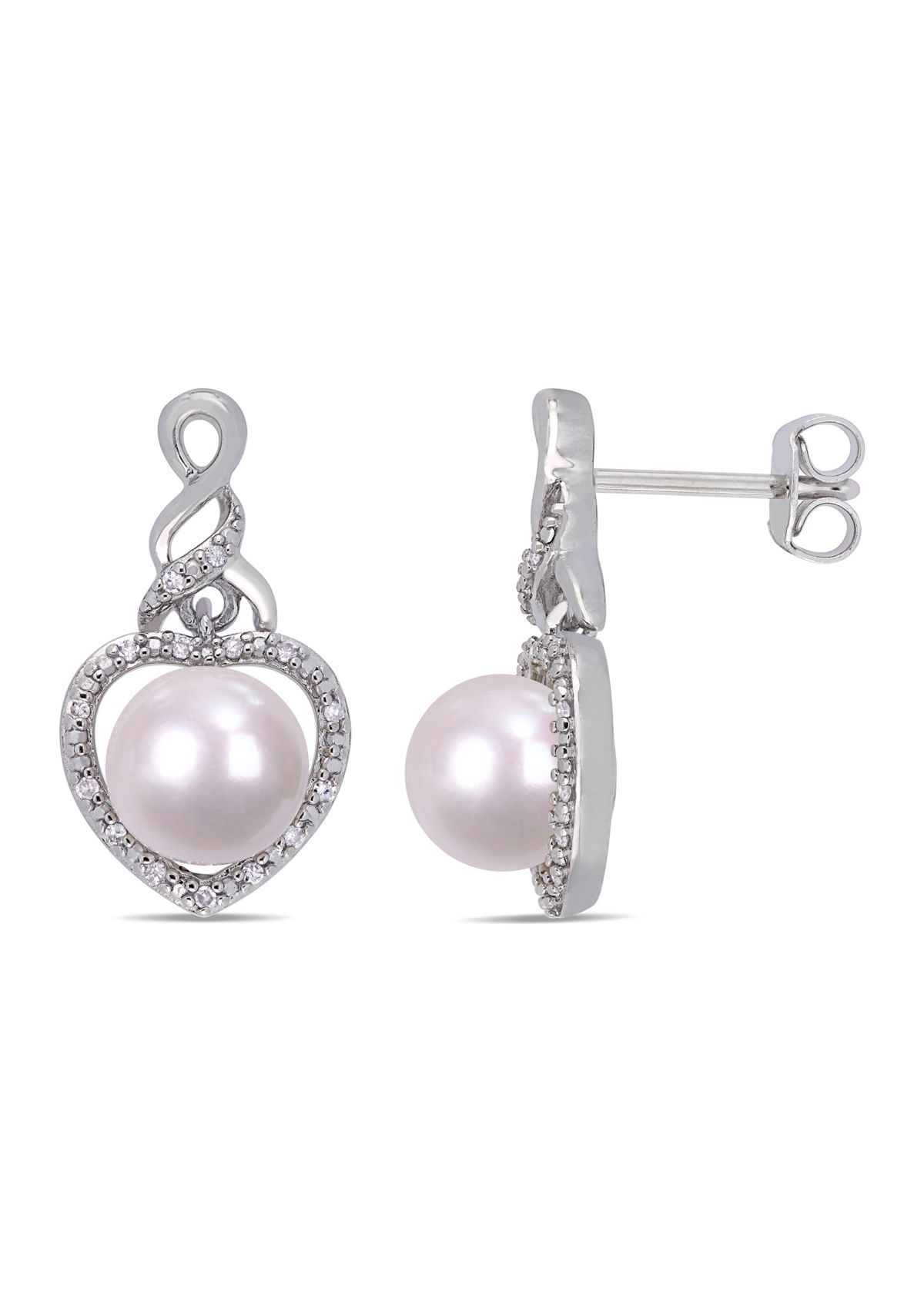 Cultured Freshwater Pearl and 1/10 ct. t.w. Diamond Heart Infinity Earrings in Sterling Silver