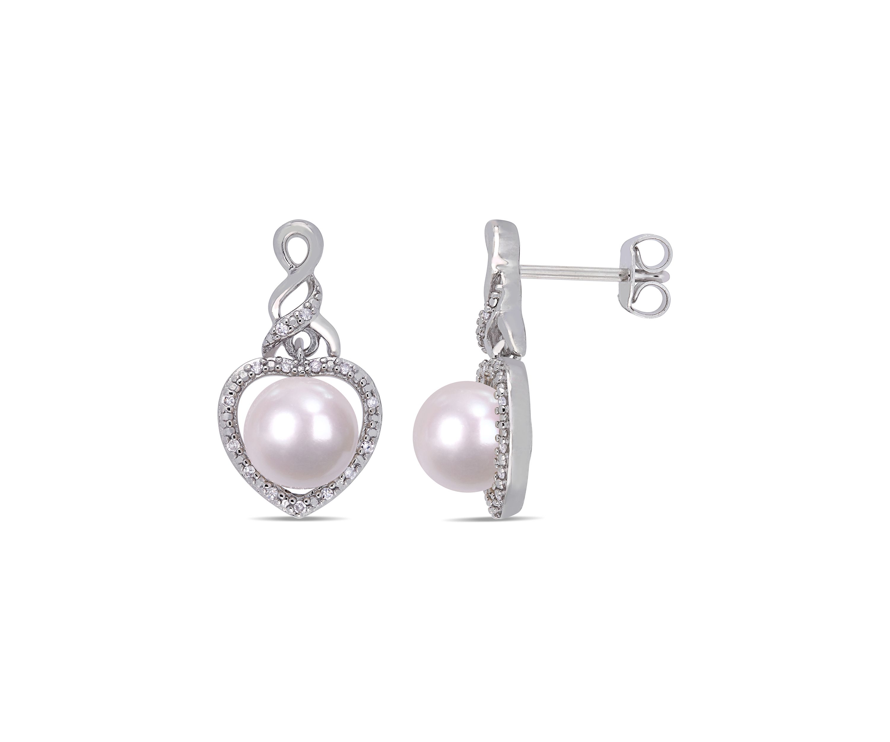 Cultured Freshwater Pearl and 1/10 ct. t.w. Diamond Heart Infinity Earrings in Sterling Silver