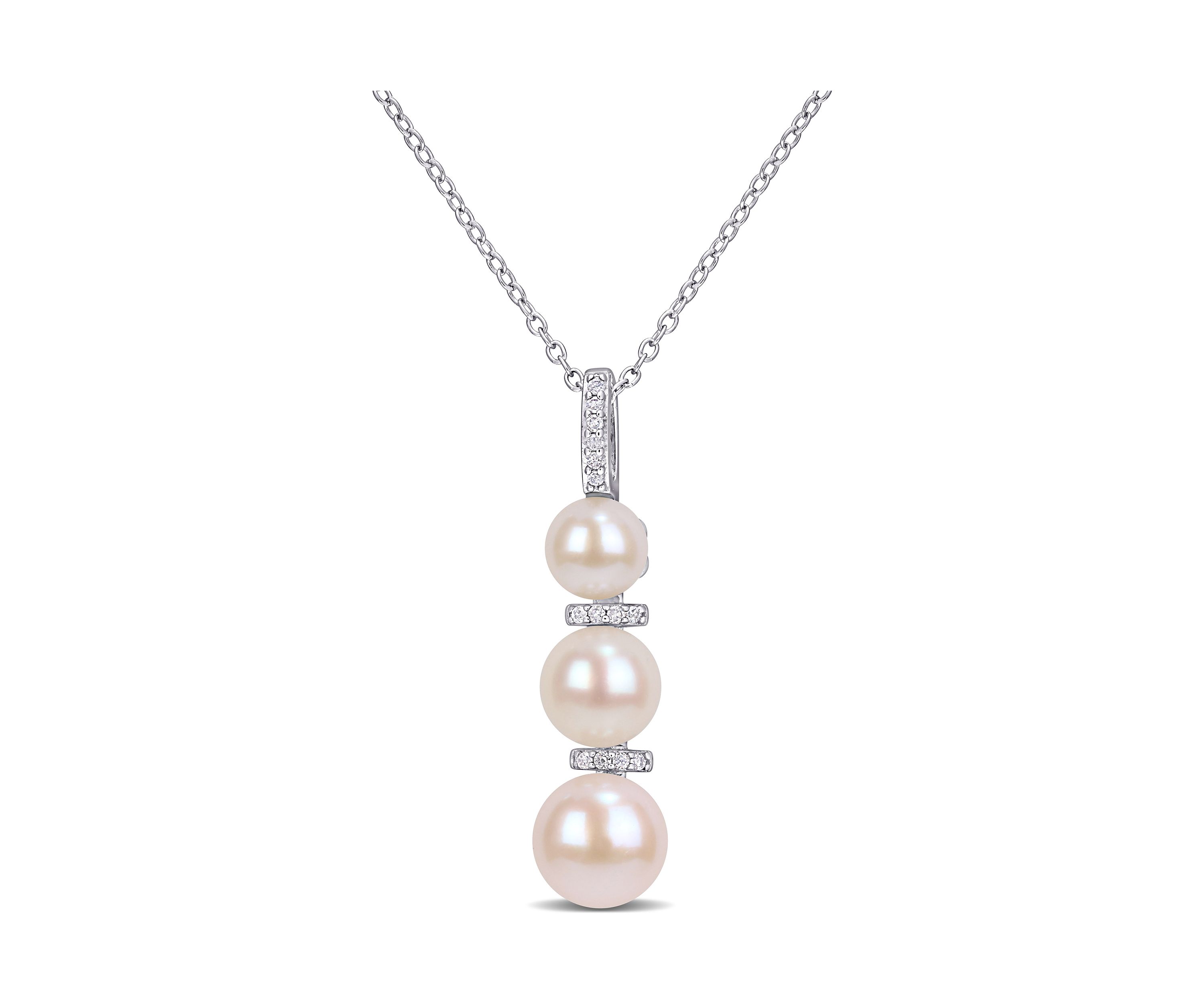 Cultured Freshwater Pearl and Diamond Drop Pendant with Chain in Sterling Silver