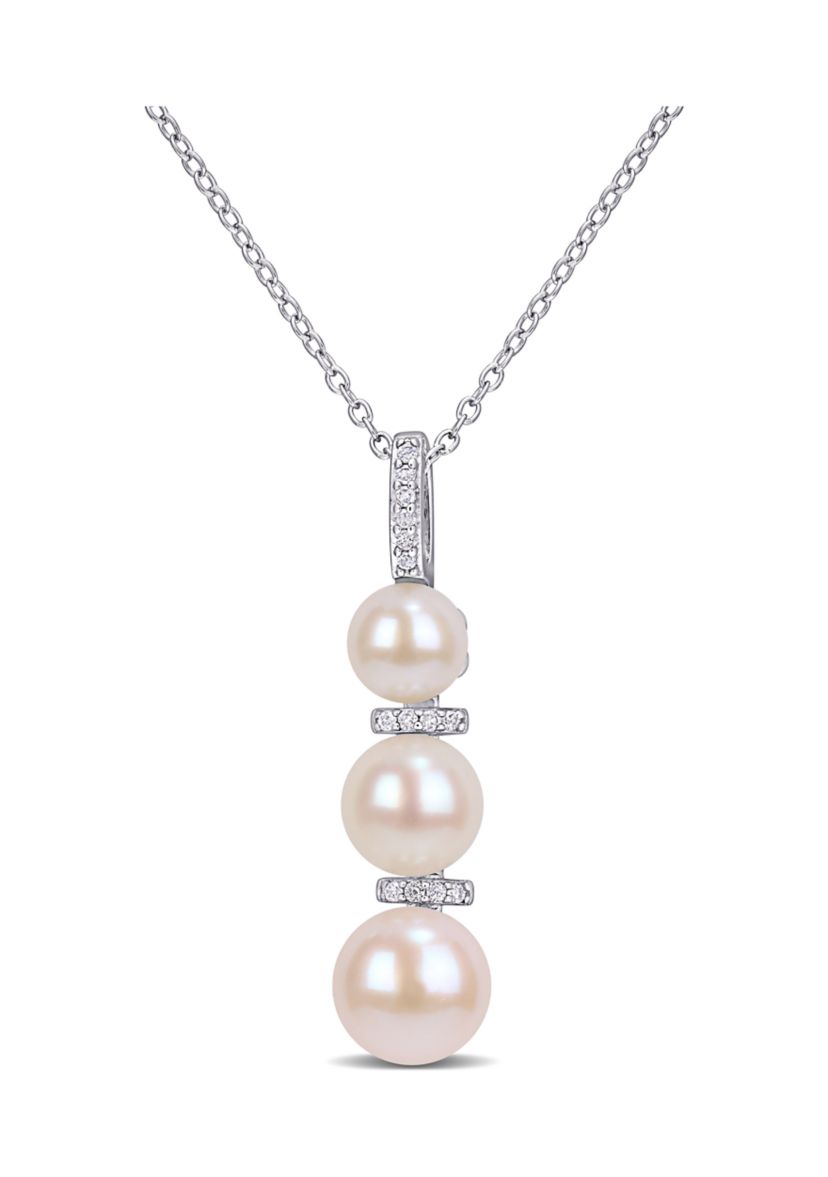 Cultured Freshwater Pearl and Diamond Drop Pendant with Chain in Sterling Silver