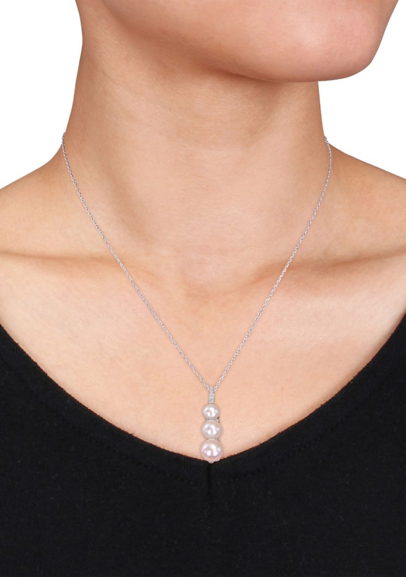 Cultured Freshwater Pearl and Diamond Drop Pendant with Chain in Sterling Silver