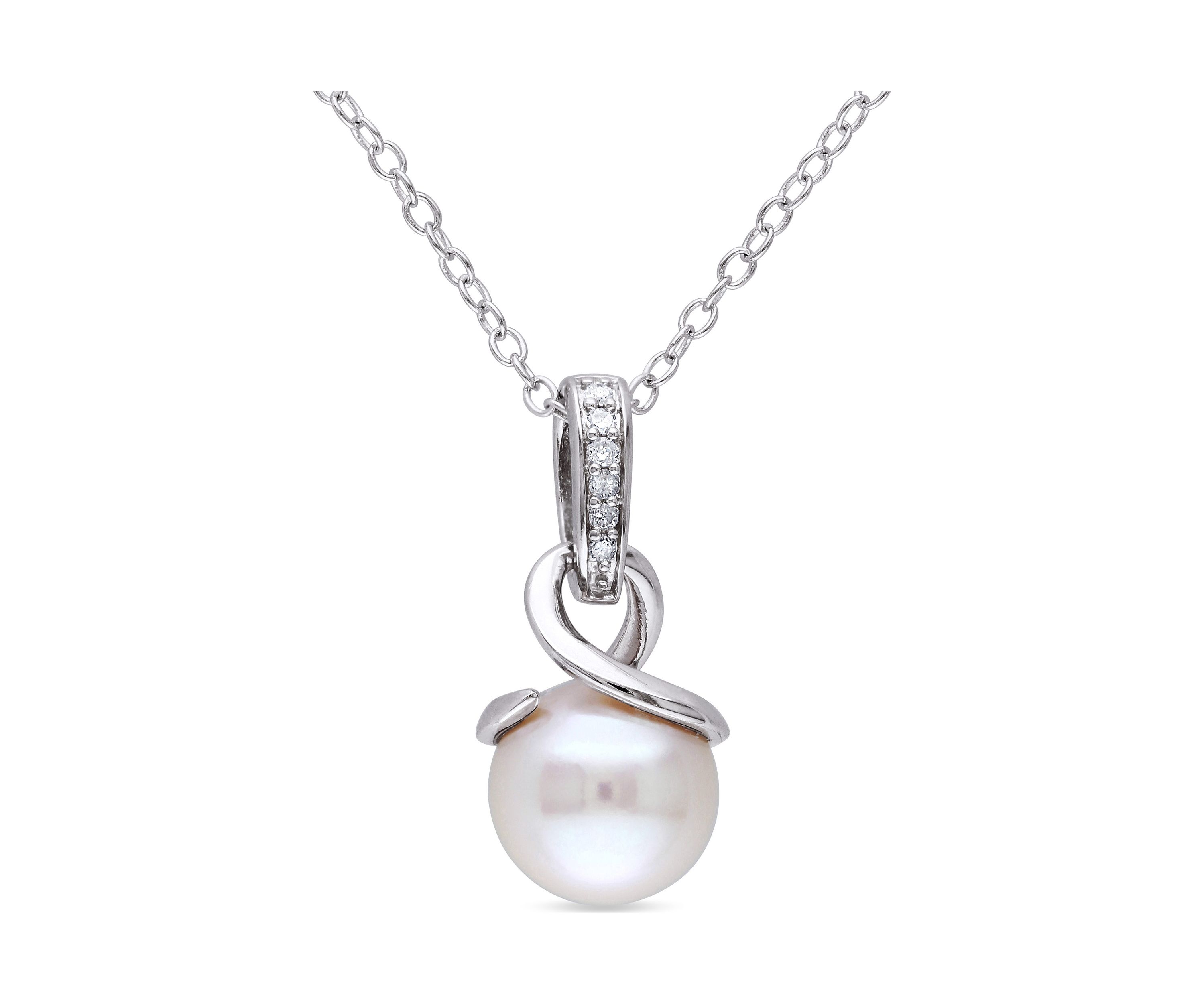 8-8.5 Millimeter Cultured Freshwater Pearl and Diamond Twist Pendant with Chain in Sterling Silver