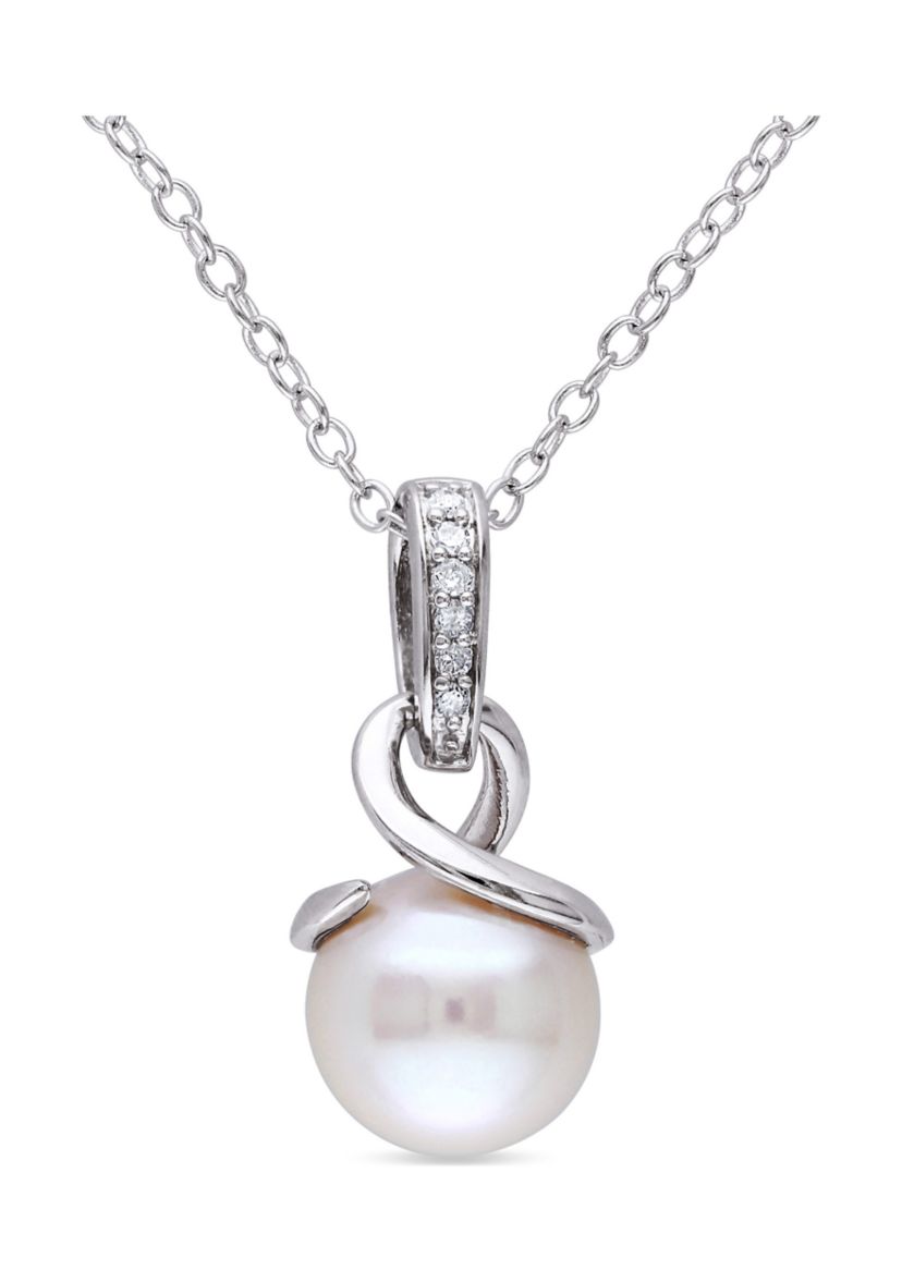 8-8.5 Millimeter Cultured Freshwater Pearl and Diamond Twist Pendant with Chain in Sterling Silver