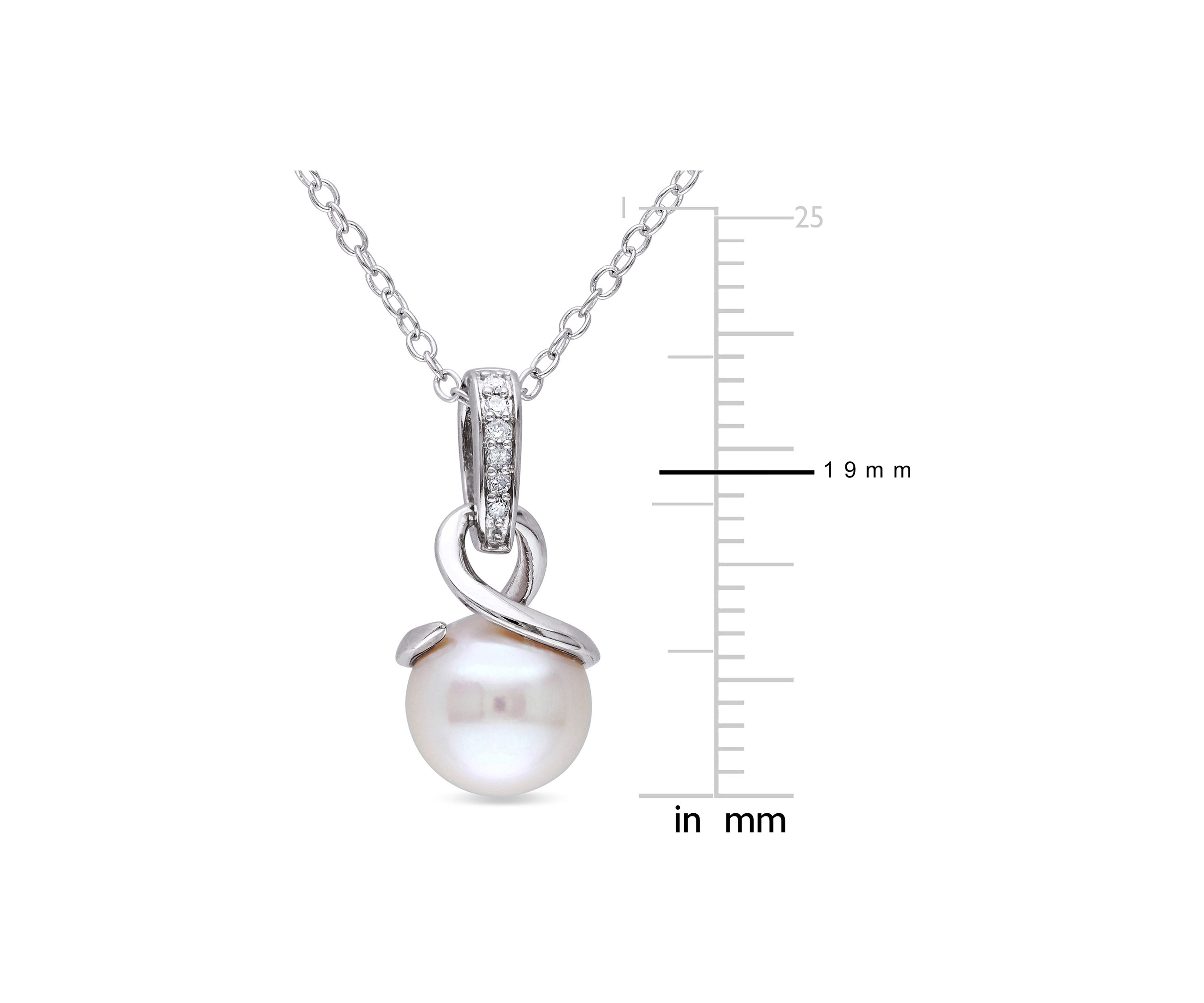 8-8.5 Millimeter Cultured Freshwater Pearl and Diamond Twist Pendant with Chain in Sterling Silver
