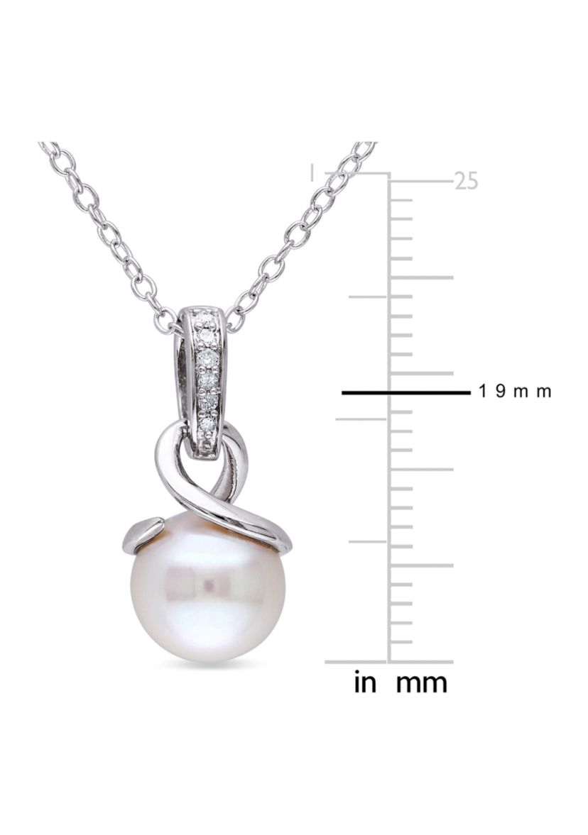 8-8.5 Millimeter Cultured Freshwater Pearl and Diamond Twist Pendant with Chain in Sterling Silver