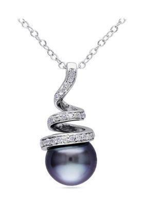 Belk & Co 8-8.5 Millimeter Tahitian Cultured Pearl And 1/10 Ct. T.w. Diamond Spiral Pendant With Chain In Sterling Silver