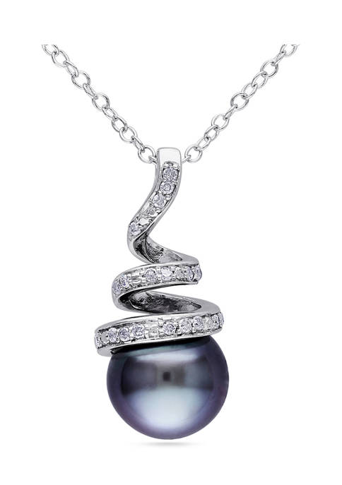 8-8.5 Millimeter Tahitian Cultured Pearl and 1/10 ct. t.w. Diamond Spiral Pendant with Chain in Sterling Silver