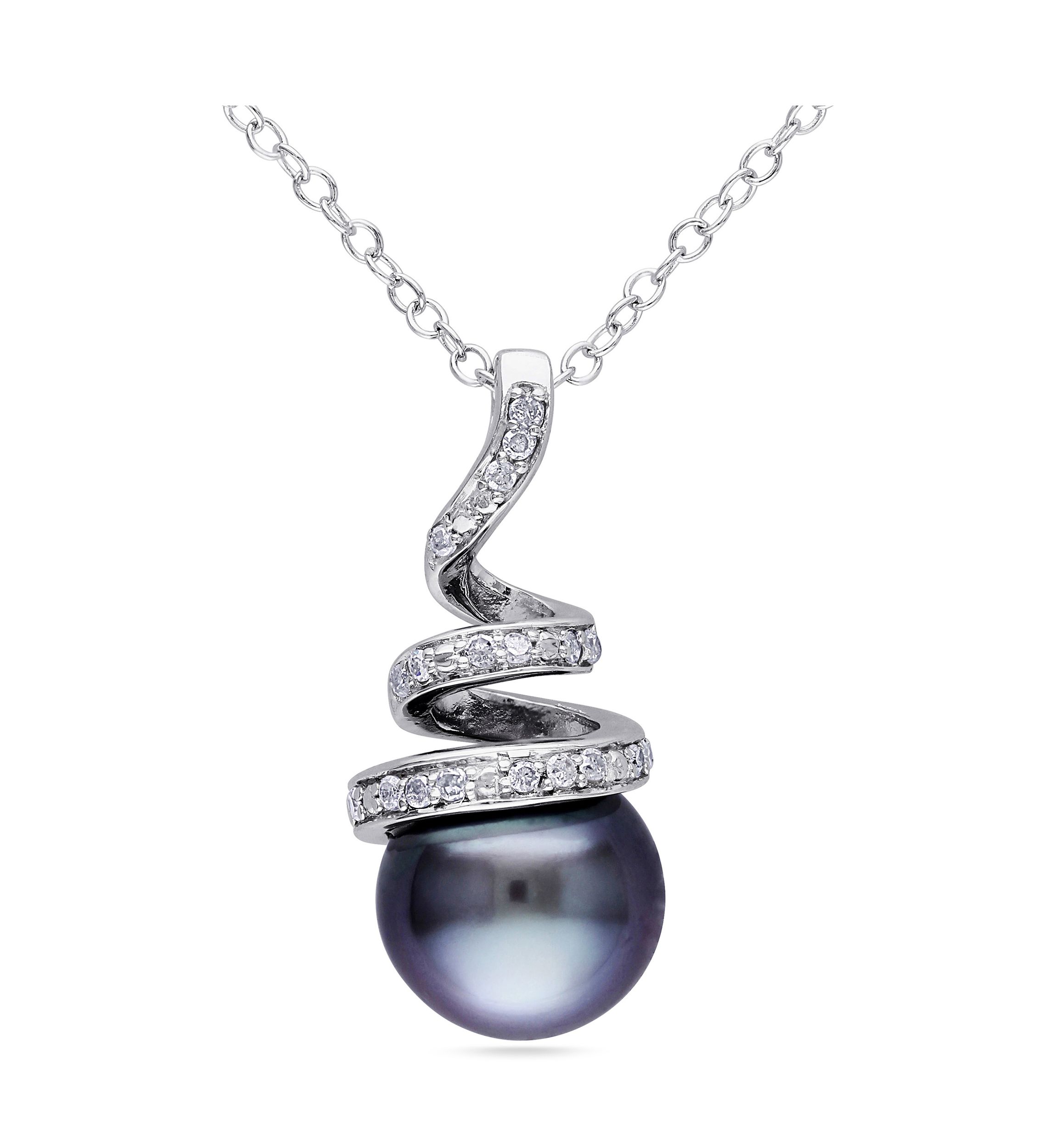 8-8.5 Millimeter Tahitian Cultured Pearl and 1/10 ct. t.w. Diamond Spiral Pendant with Chain in Sterling Silver