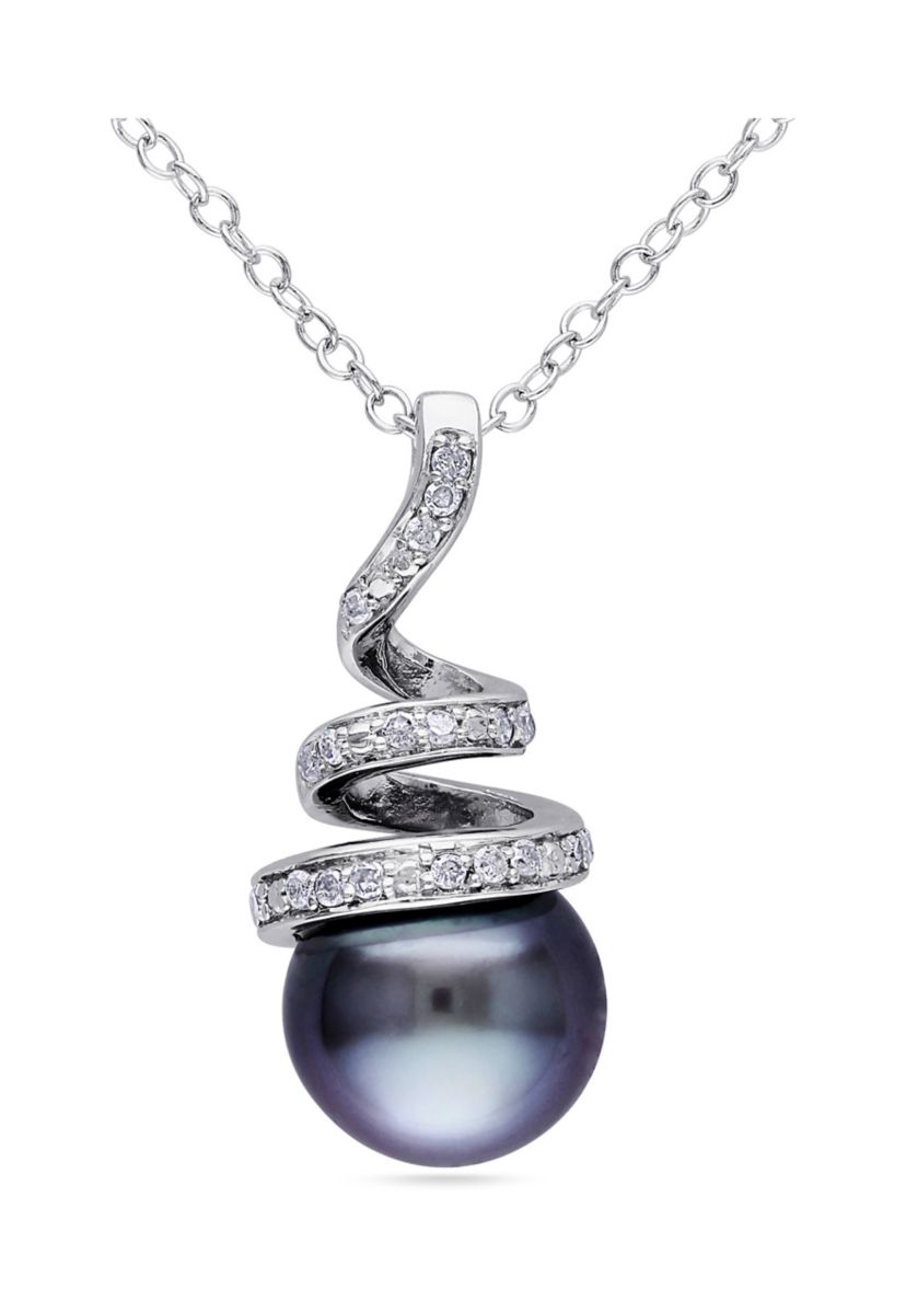 8-8.5 Millimeter Tahitian Cultured Pearl and 1/10 ct. t.w. Diamond Spiral Pendant with Chain in Sterling Silver