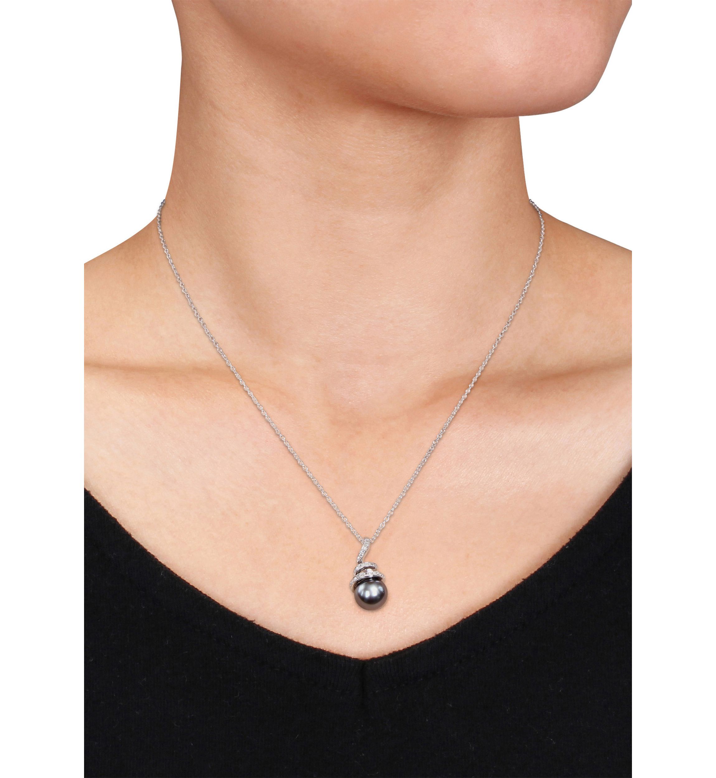 8-8.5 Millimeter Tahitian Cultured Pearl and 1/10 ct. t.w. Diamond Spiral Pendant with Chain in Sterling Silver