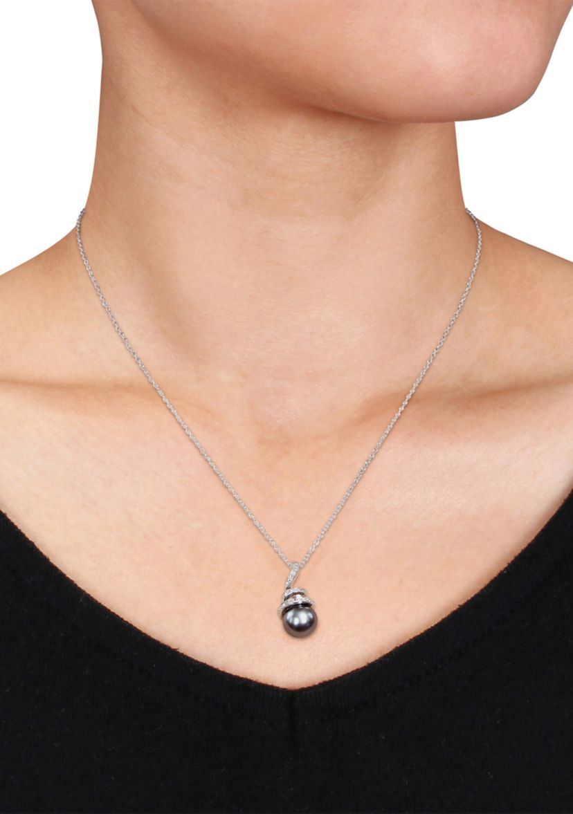 8-8.5 Millimeter Tahitian Cultured Pearl and 1/10 ct. t.w. Diamond Spiral Pendant with Chain in Sterling Silver