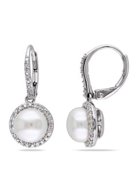 Belk & Co 8 Millimeter Cultured Freshwater Pearl And 1/5 Ct. T.w. Diamond Halo Earrings In Sterling Silver, White -  0686692305397