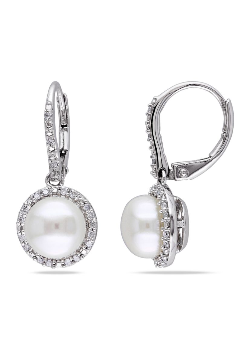 8 Millimeter Cultured Freshwater Pearl and 1/5 ct. t.w. Diamond Halo Earrings in Sterling Silver