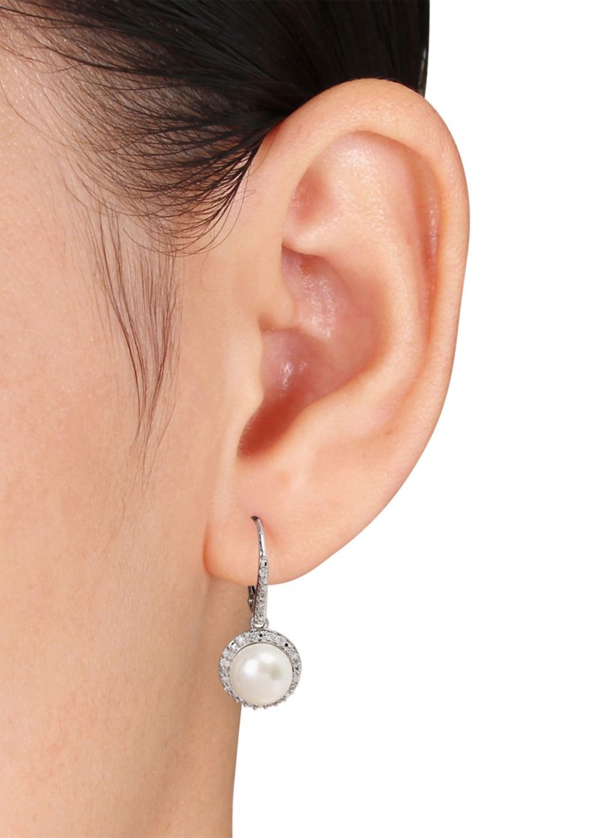 8 Millimeter Cultured Freshwater Pearl and 1/5 ct. t.w. Diamond Halo Earrings in Sterling Silver