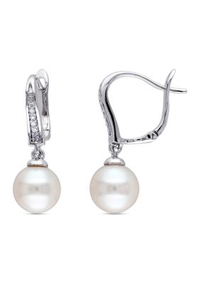 Belk & Co 8-8.5 Millimeter Cultured Freshwater Pearl and Diamond Drop Earrings in Sterling Silver, White