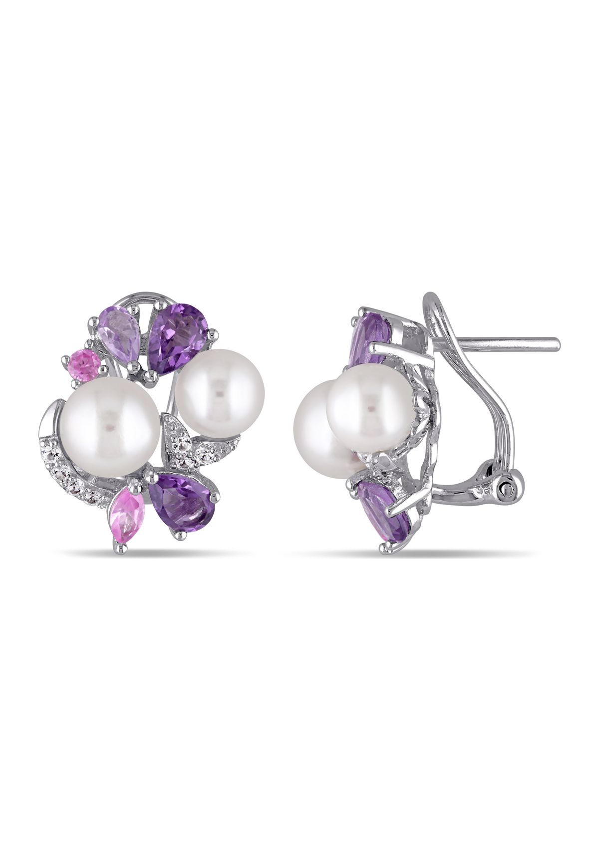Cultured Freshwater Pearl and 2.75 ct. t.w. Multi-Gemstone Cluster Earrings in Sterling Silver