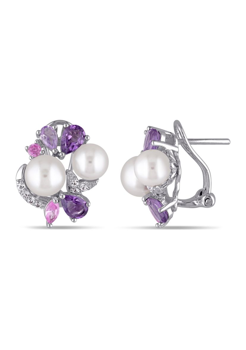 Cultured Freshwater Pearl and 2.75 ct. t.w. Multi-Gemstone Cluster Earrings in Sterling Silver