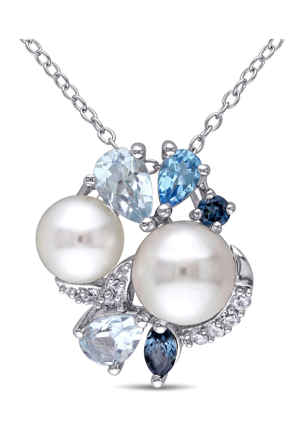 Cultured Freshwater Pearl and 1.75 ct. t.w. Multi-Gemstone Cluster Pendant with Chain in Sterling Silver