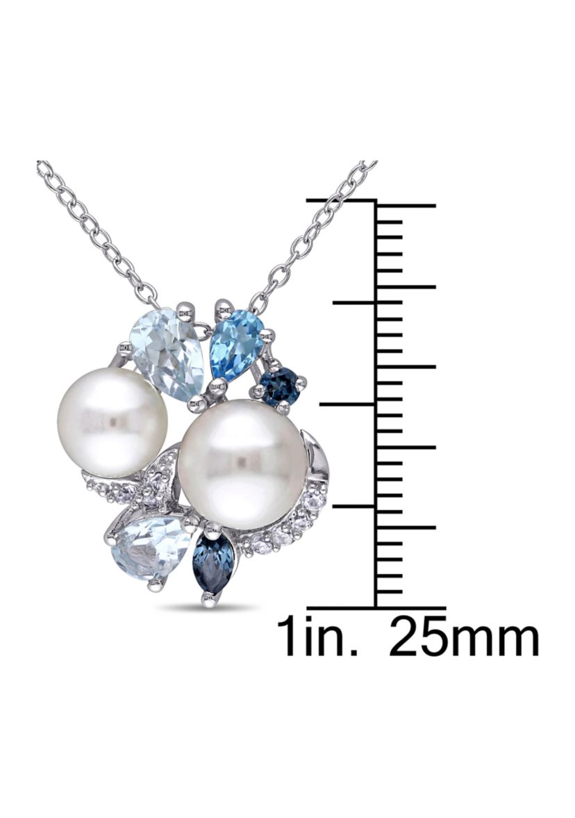 Cultured Freshwater Pearl and 1.75 ct. t.w. Multi-Gemstone Cluster Pendant with Chain in Sterling Silver