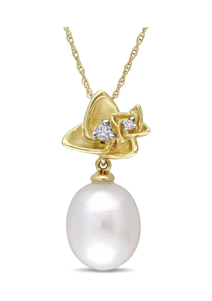 10-10.5 Millimeter Cultured Freshwater Pearl and Diamond Flower Pendant With Chain in 10k Yellow Gold